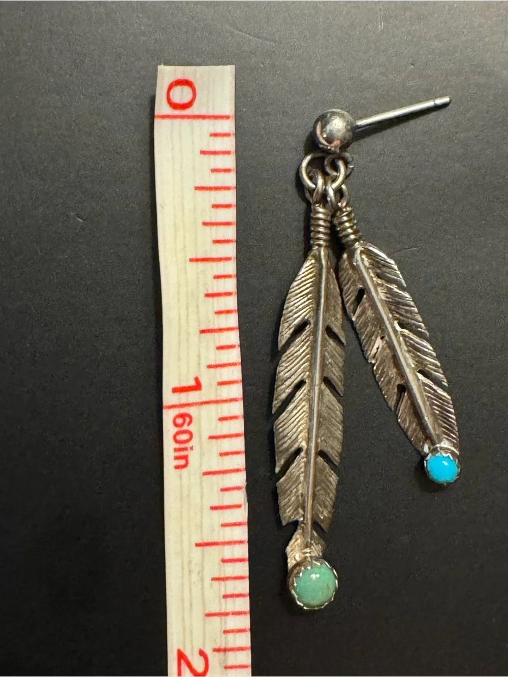 Sterling Silver Turquoise Double Feather Dangle Earrings - 1.75”